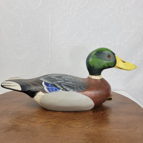 Vintage Signed Wood Carved Peabody Hotel Drake Mallard Duck Decoy Glass Eyes - Picture 1 of 16